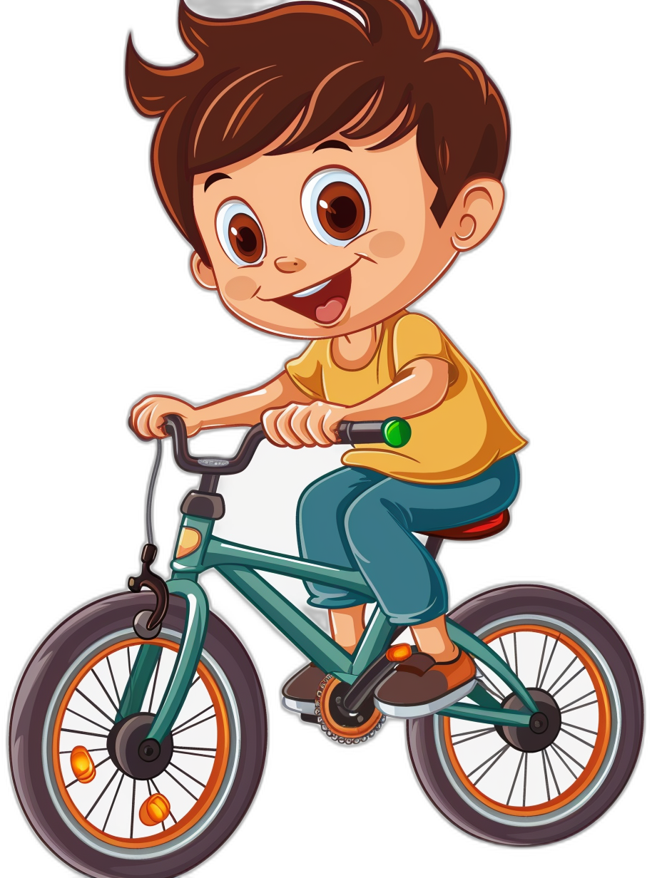 A cartoon vector illustration of a happy boy riding a bicycle against a black background, in the style of clip art, with high quality and high resolution.