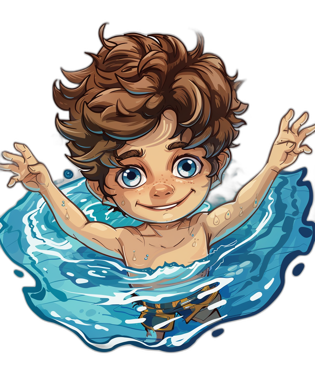 tshirt design, cute cartoon baby boy with brown hair and blue eyes surfing on top of water , black background, front view