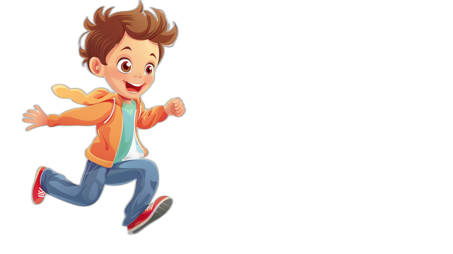 A cartoon boy is happily running, with a black background and white space around the character in a simple, flat style. The animation characters have clear facial features, wearing jeans and orange jackets, blue pants and red shoes on his feet. He has brown hair and bright eyes. A full body shot shows him jumping up in an action pose. A vector illustration in the style of simple, flat characters.