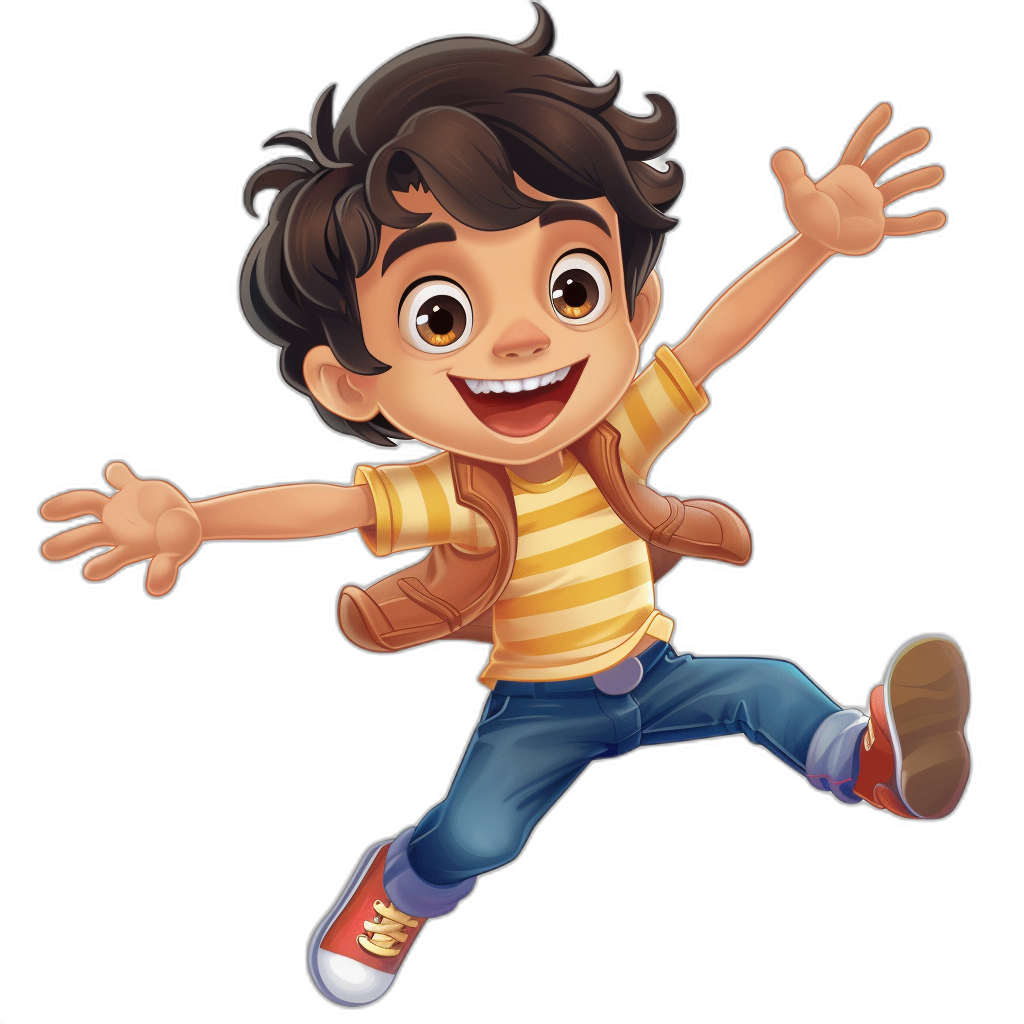 Illustration of a young boy with brown hair and tan skin jumping up in the air. He is wearing jeans, a yellow striped shirt, red shoes, and a backpack. He is smiling on a black background. The style is 2D cartoon in the style of Pixar animation and Disney characters. The quality and resolution are high.