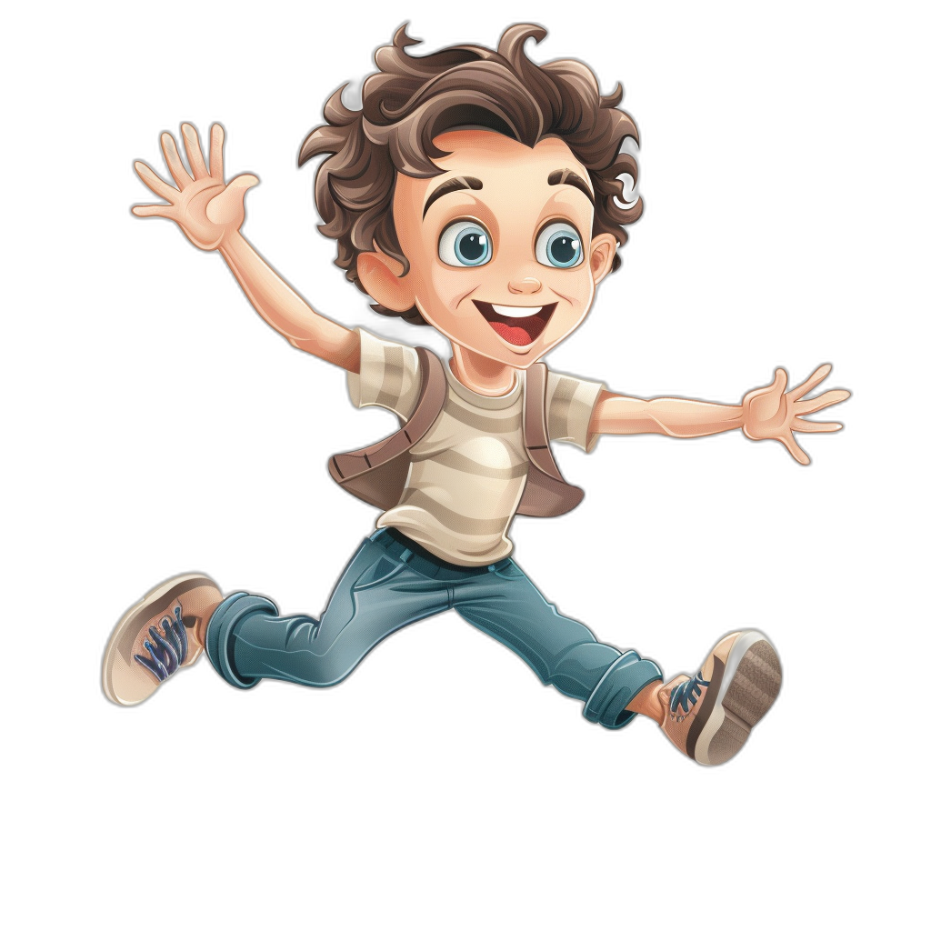 A cute cartoon boy with brown hair, blue eyes, and jeans is jumping on a black background. He has short curly hair, a big smile, and is wearing a white shirt and grey backpack. The style of the illustration should be in the style of Pixar animation. Isolated black background, bright colors, high resolution, professional photograph, intricate details.