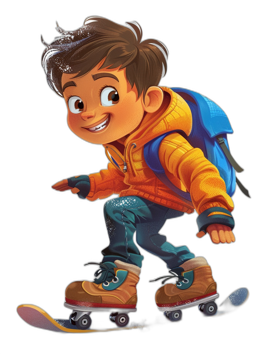 A cute cartoon boy with brown hair, wearing blue jeans and an orange jacket is roller skating on a black background, in the style of Pixar, with a Disney character design in the style of Pixar.