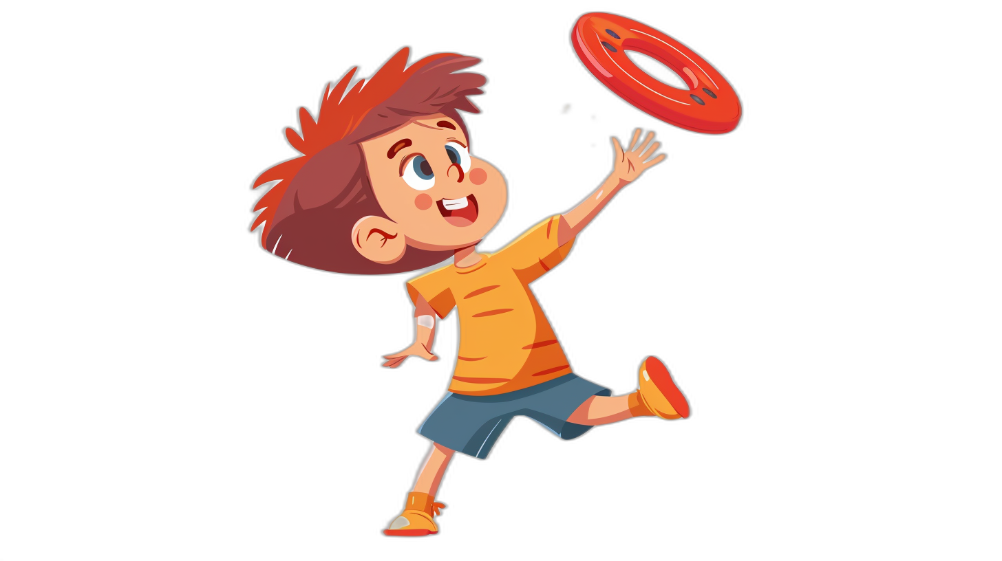 A cartoon boy is playing frisbee in a vector illustration with a black background, in a simple style, flat design, showing his full body, with a cute and funny expression, cute hair cut, wearing an orange t-shirt and blue shorts, in a jumping posture with his legs, using bright colors with high saturation. He was smiling happily as he held the red ring in his hand, reaching out to catch it, in the style of children’s book illustrations.