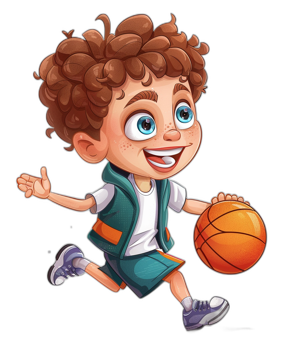 A cute happy cartoon boy playing basketball, with curly brown hair and blue eyes, wearing a white shirt with a green vest and purple shorts, holding the ball in his hand on a black background. The illustration is in the style of a vector illustration, suitable for a kids book logo design. It is a high resolution digital art.