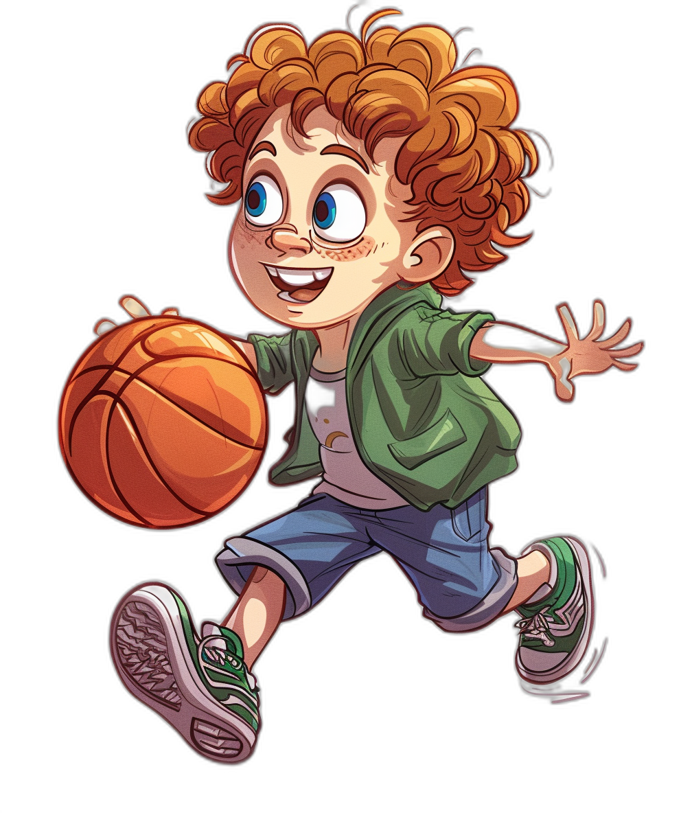 A cute happy curly redhead boy playing basketball in the style of a full body cartoon vector against a black background.