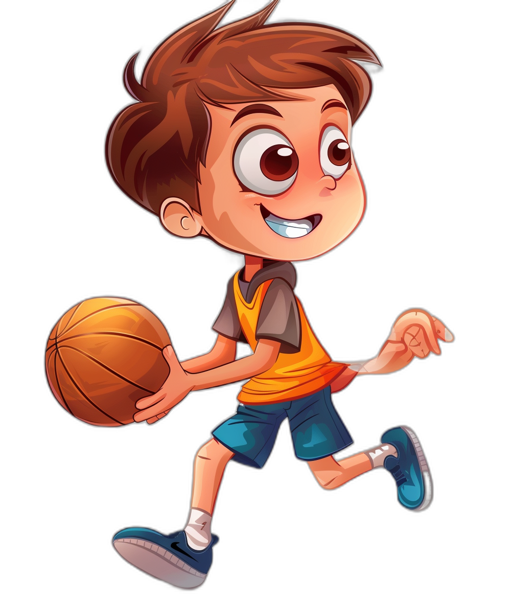 Illustration of a cartoon kid playing basketball in the style of a vector design on a black background. The happy and smiling kid faces the camera in profile view, wearing orange sports shorts and shirt while dribbling the ball with their right hand as they run towards the camera. The kid has big brown eyes and short hair in a fun and colorful style.