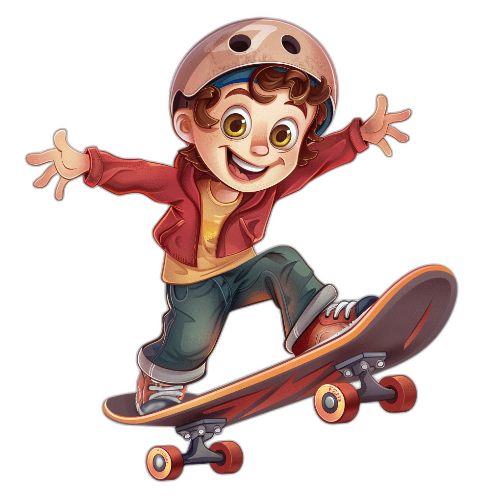 A cartoon character of an adorable boy with brown hair and big eyes, wearing a helmet and red jacket, is riding on a skateboard against an isolated black background, with high detail in the style of hyperrealism.