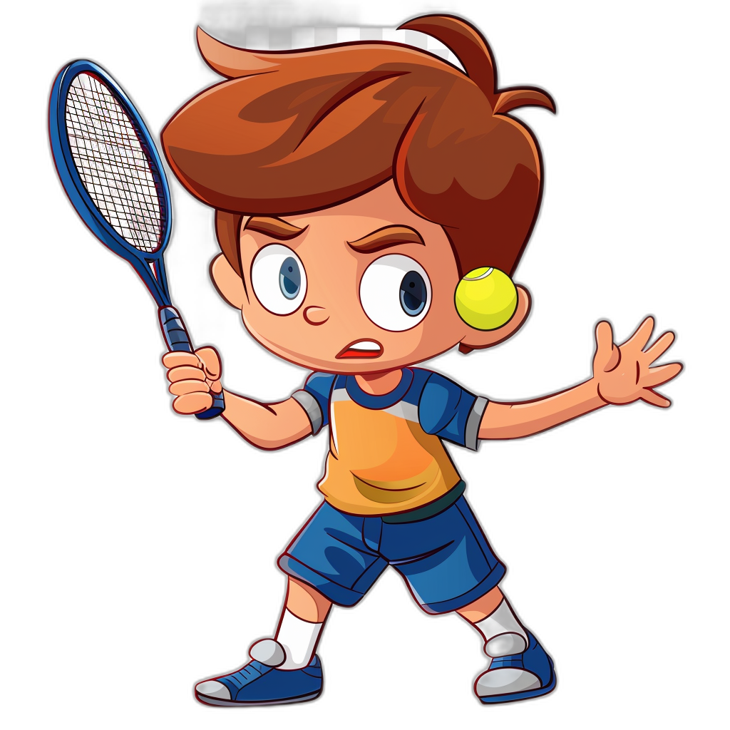 A cartoon boy playing tennis in the style of vector art on a black background, wearing blue shorts and white socks with brown hair on his head and holding his racket ready to hit a ball, wearing a yellow shirt and orange short-sleeved top, with a cute facial expression.