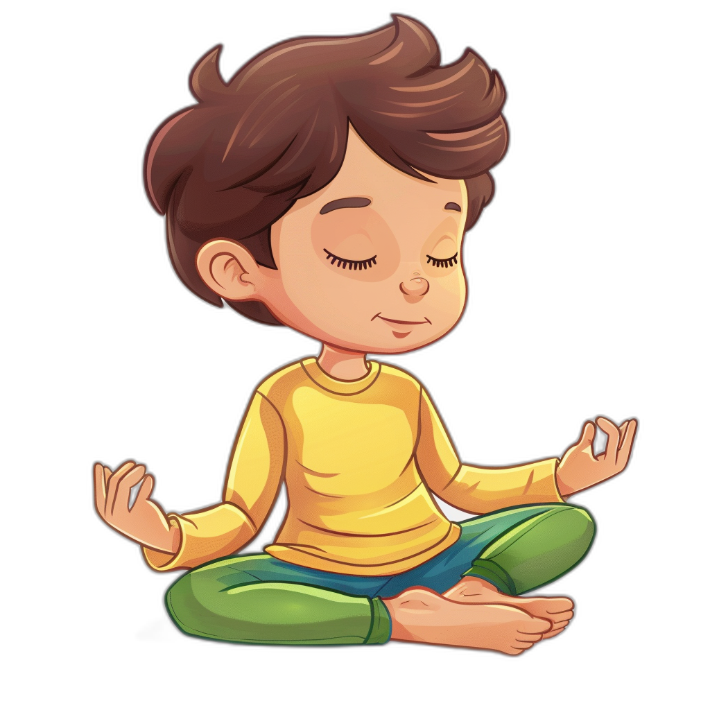 A cute cartoon boy doing yoga in a vector illustration with a black background. The illustration has a cute and colorful style with a simple, flat color design. It is a full body portrait of the boy sitting in a lotus position with his eyes closed. He is wearing a yellow shirt, green pants, and blue shoes. He has short brown hair and is smiling happily. The overall atmosphere of the picture feels peaceful.