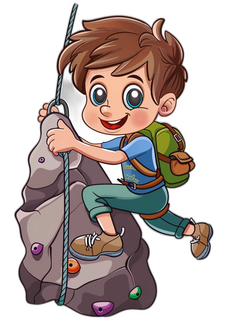 cartoon of happy boy with brown hair and blue eyes climbing rock wall, dressed in hiking vector sticker design cartoon drawing style on black background