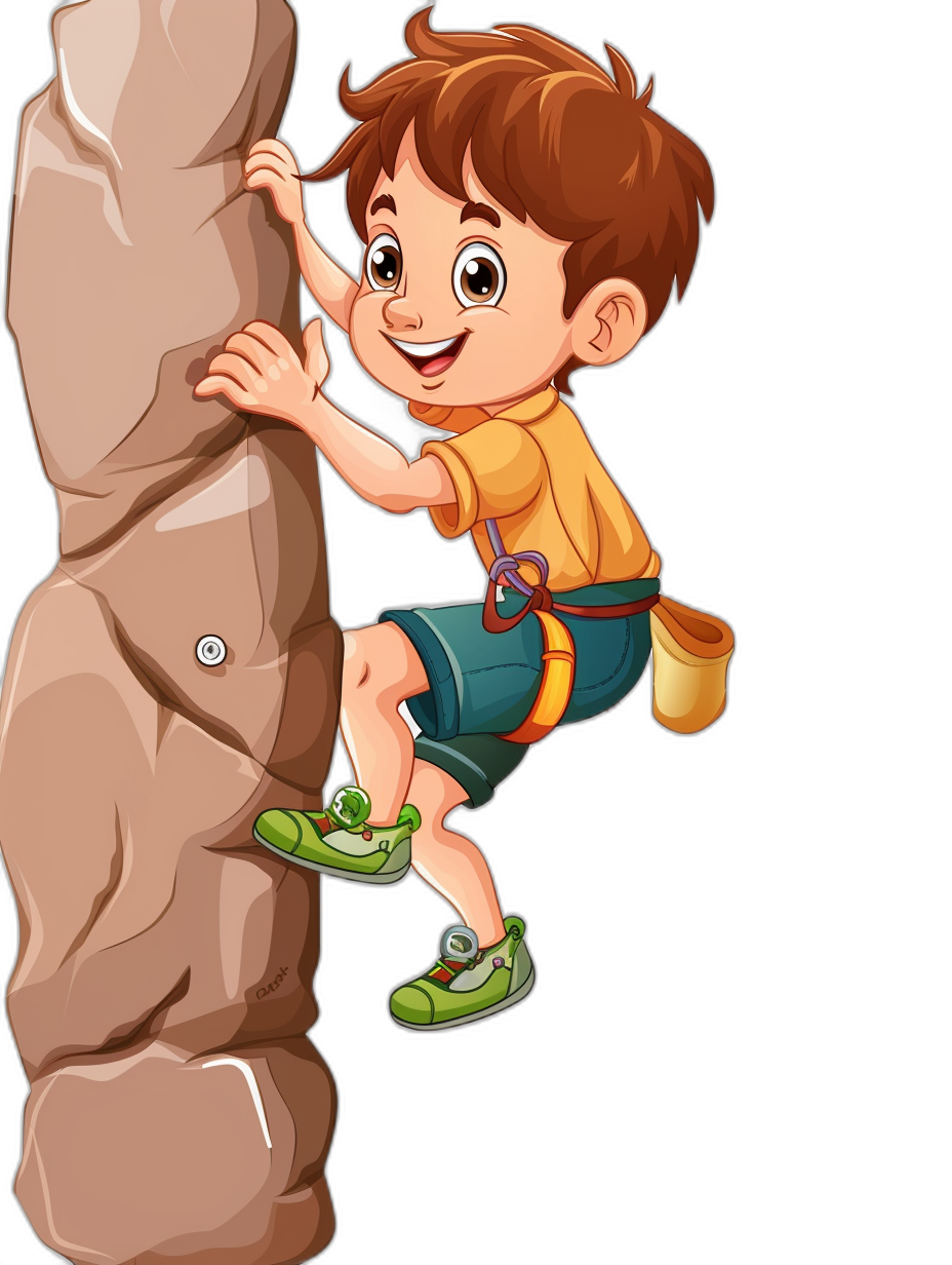 A cartoon boy climbing a rock wall in the style of clip art with a black background.