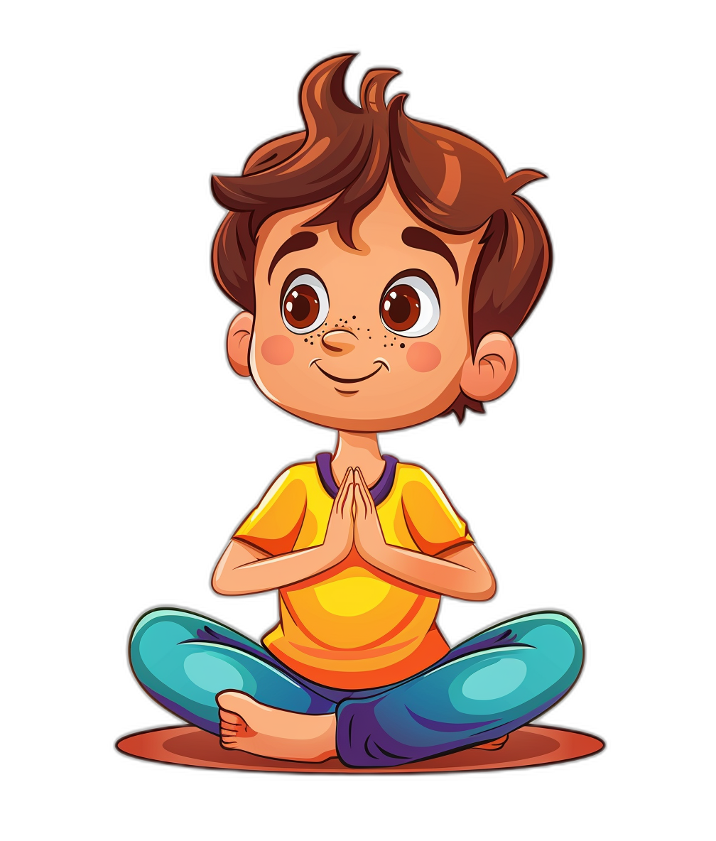 A cute cartoon vector illustration of an Indian boy doing yoga, clip art style, isolated black background