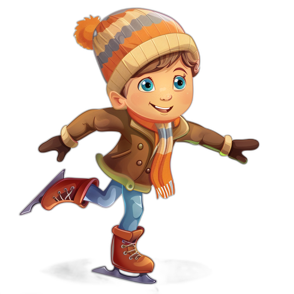 A cartoon boy ice skating, wearing winter  and a hat, in a full body shot, in the style of vector illustration, on a black background, like 2D game art, with a cute expression, in the style of cartoon character design, with bright colors, bright blue eyes, orange boots, a brown jacket with a striped scarf, and dark gray shoes. High resolution.