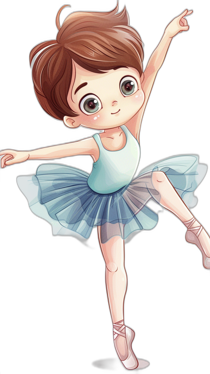 A cute little girl ballerina with short brown hair and big eyes in blue ballet dress dancing, cartoon style vector illustration on black background, high resolution, high quality, high detail, best digital art of character, professional vector graphics, high definition, full hd