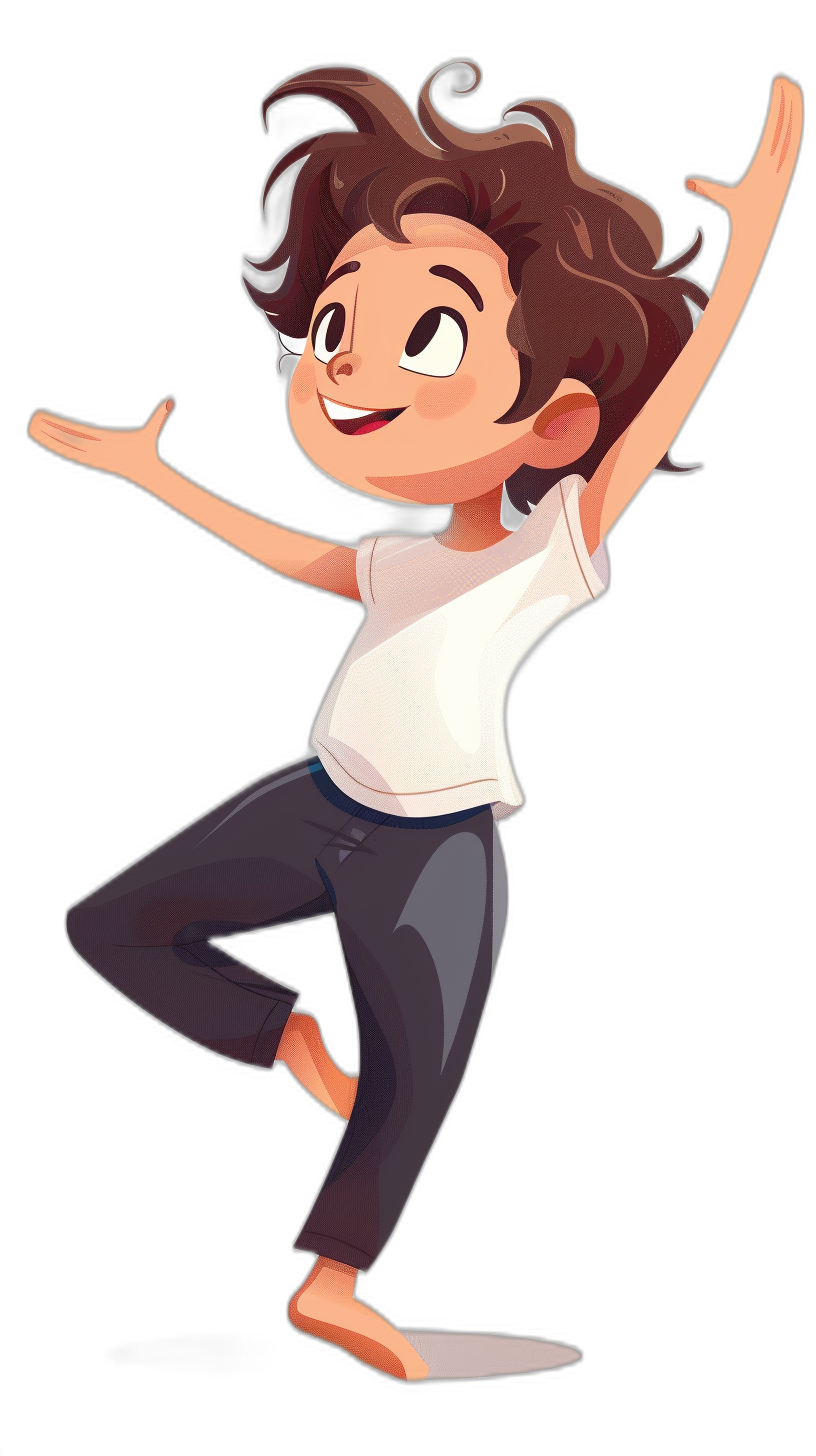 A cute cartoon boy doing the T pose dance in a simple drawing style on a black background. It is a full body portrait with simple lines showing a white t-shirt and dark grey pants. The cute face has big eyes, brown hair, and a happy expression with lively movements. The natural lighting and high resolution, quality, detail, and definition make for a high precision illustration.