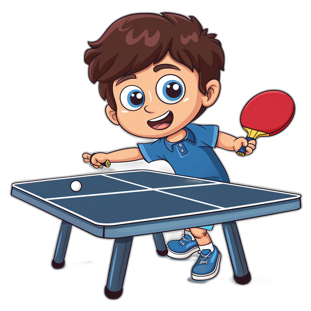 vector cartoon style, clip art of happy boy playing table tennis on blue black background