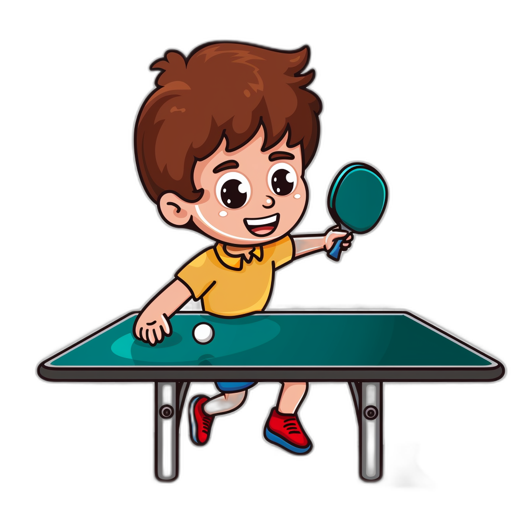 cartoon kid playing table tennis, vector design, simple style, colorful cartoon illustration, clip art for commercial use, black background, in flat logo format