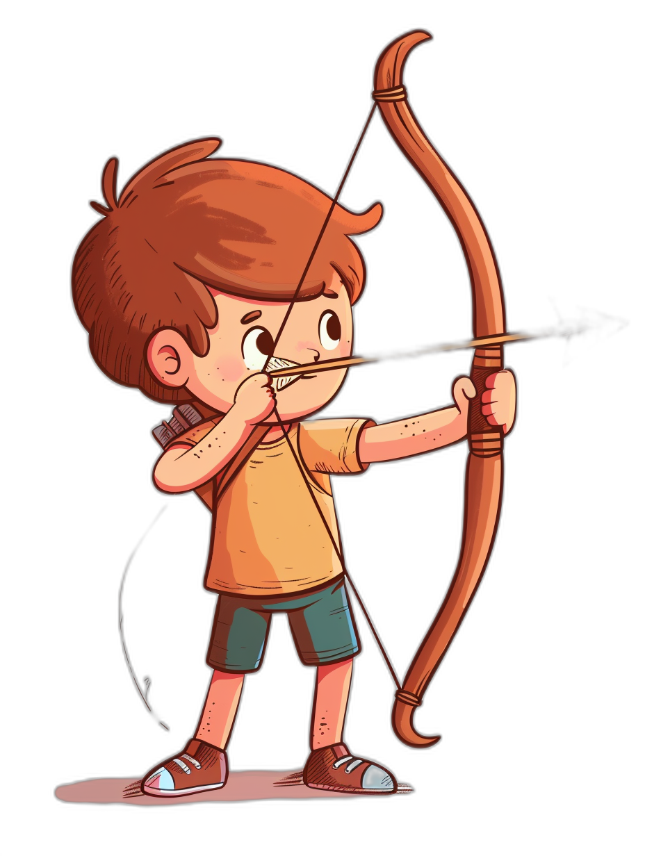 A cartoon-style illustration of an archer boy shooting with his bow and arrow. The character is designed in the cute style reminiscent of Pixar’s animations. He has short brown hair and wears shorts and a t-shirt. Black background. Full body shot.