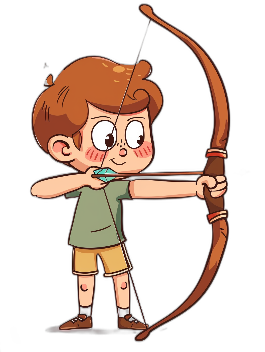 a cartoon boy with brown hair, green shirt and yellow shorts shooting an arrow in the style of gravity falls animation studio. Black background. The bow is long straight. He has large eyes. Simple design. Full body shot. Disneystyle cartoon character. Tshirt graphics for kids. Isolated on black background. Pixar art style illustration. Cute, adorable, pastel colors. 2D vector, contour lines. High resolution. Detailed