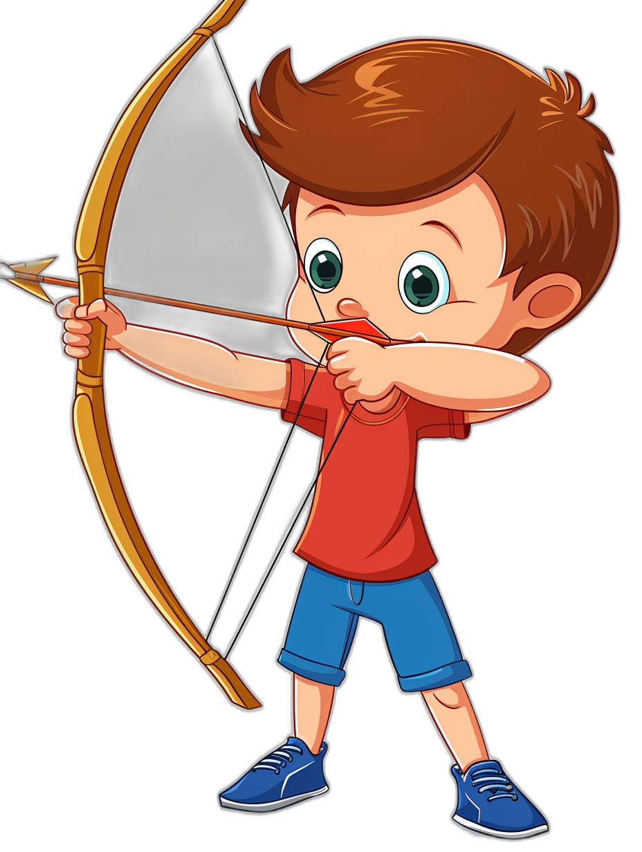 Cute cartoon style boy shooting a bow and arrow, vector illustration on a black background, wearing a red t-shirt with blue shorts, big green eyes, simple design with no shadows or colors outside the lines, high resolution at 300 dpi, a white border around the picture, bright and friendly colors with no shading and only a pure clear black outline of the character.