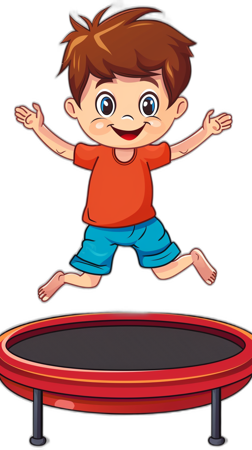 cartoon boy jumping on a trampoline, in the style of clip art style cartoon illustration for kids, high resolution, colorful illustrations, isolated on a black background, no shadow,