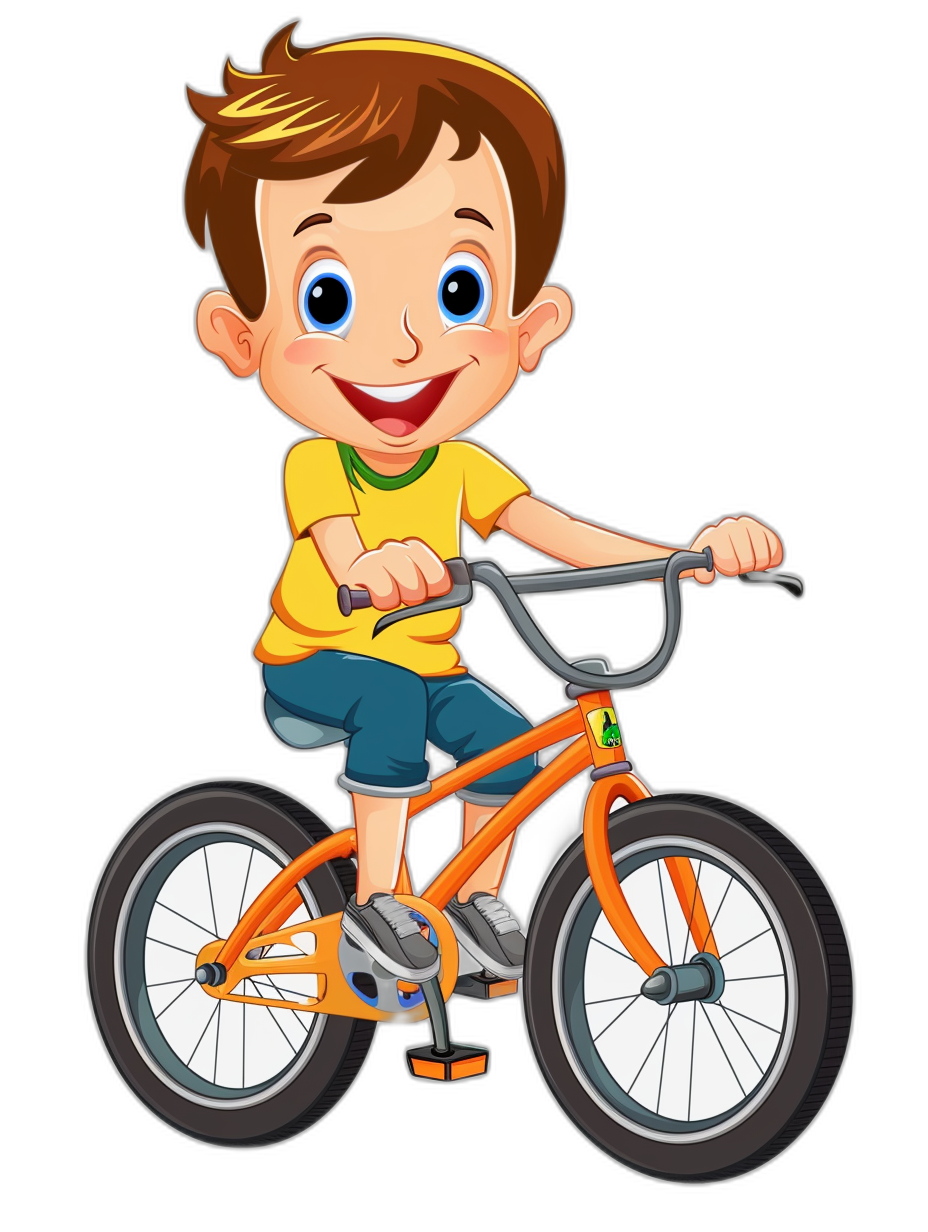 cartoon happy boy on bike, clip art style, isolated in black background