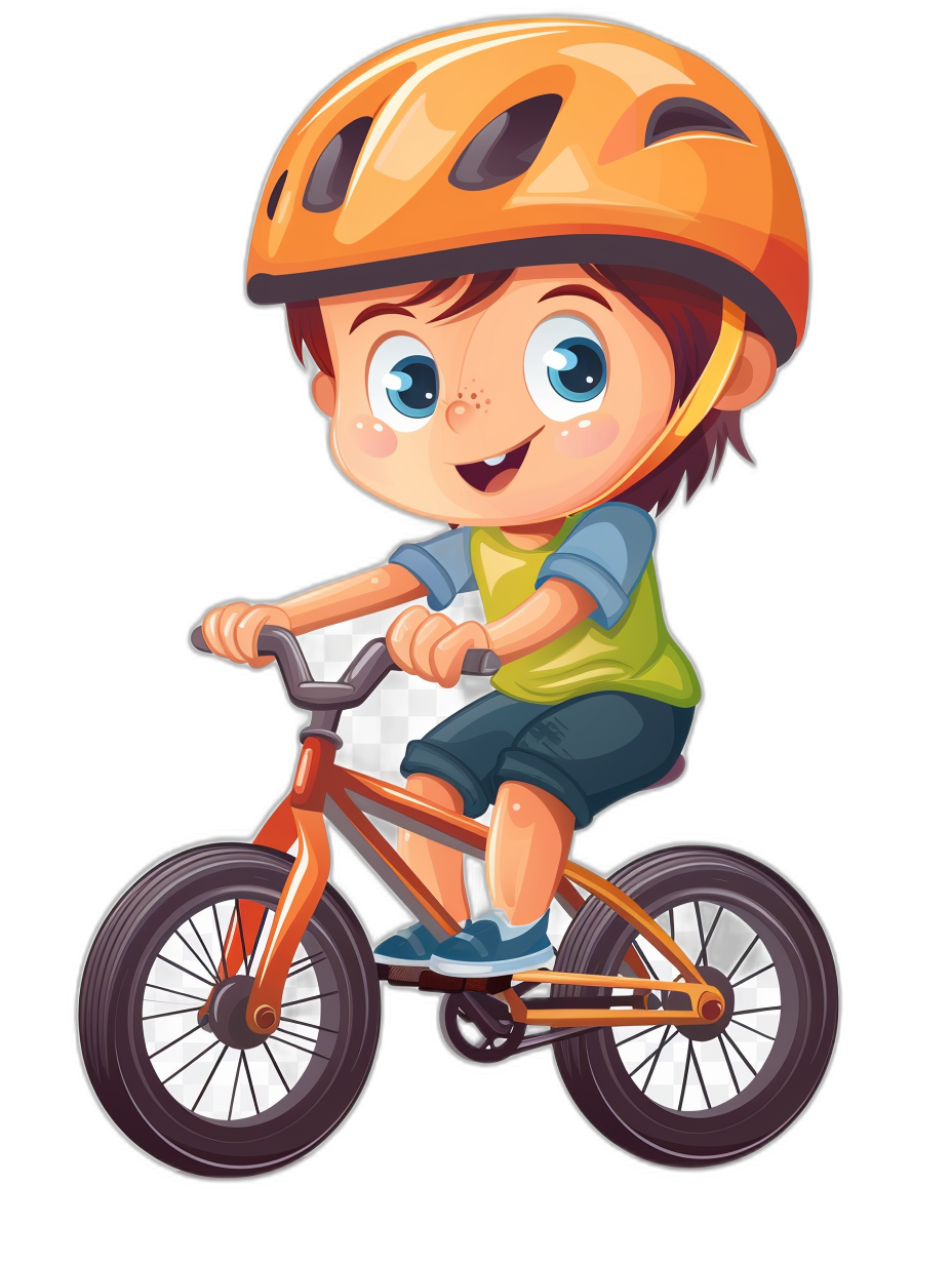 cartoon boy riding bicycle with helmet, clip art style cartoon illustration for kids on black background