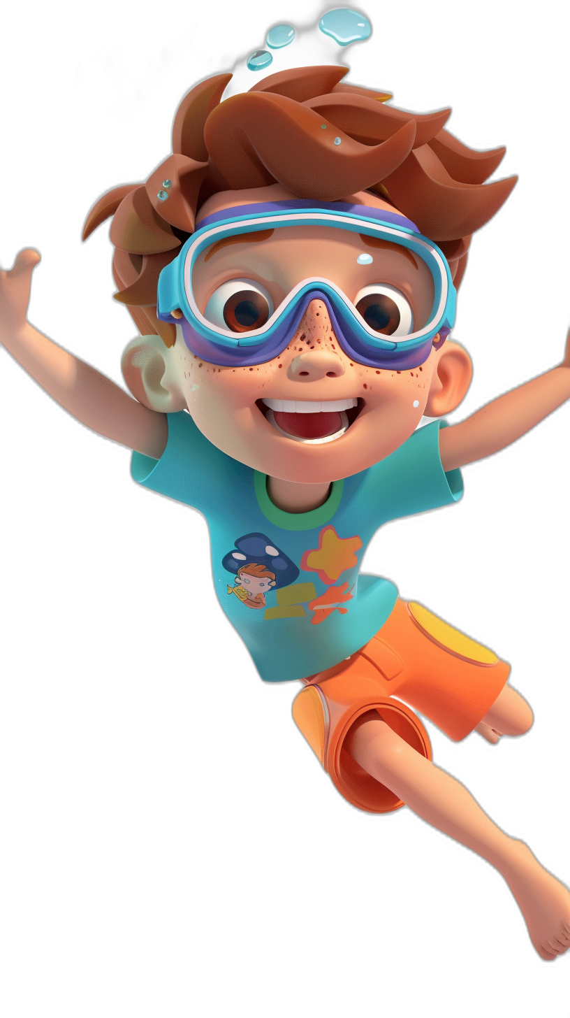 A cute boy wearing blue short sleeves and orange shorts, with brown hair tied in two pigtails, is diving while smiling. He wears colorful goggles on his head and an underwater hat. His hands reach out to the side of his body for balance, creating a 3D cartoon character in the style of Disney Pixar with a black background. The image has a distant perspective and high definition resolution.