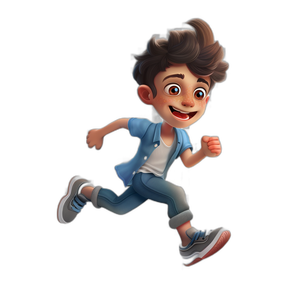 3D character, smiling boy with dark brown hair and blue eyes in casual running on black background, in the style of Pixar.