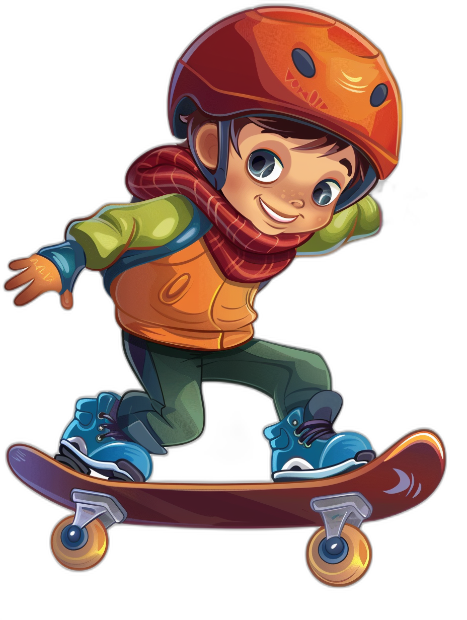 A cute cartoon boy riding a skateboard, in the vector illustration style, on a black background, wearing a helmet and scarf, with bright colors, as a full body portrait, in the Disney animation style, at a high resolution.