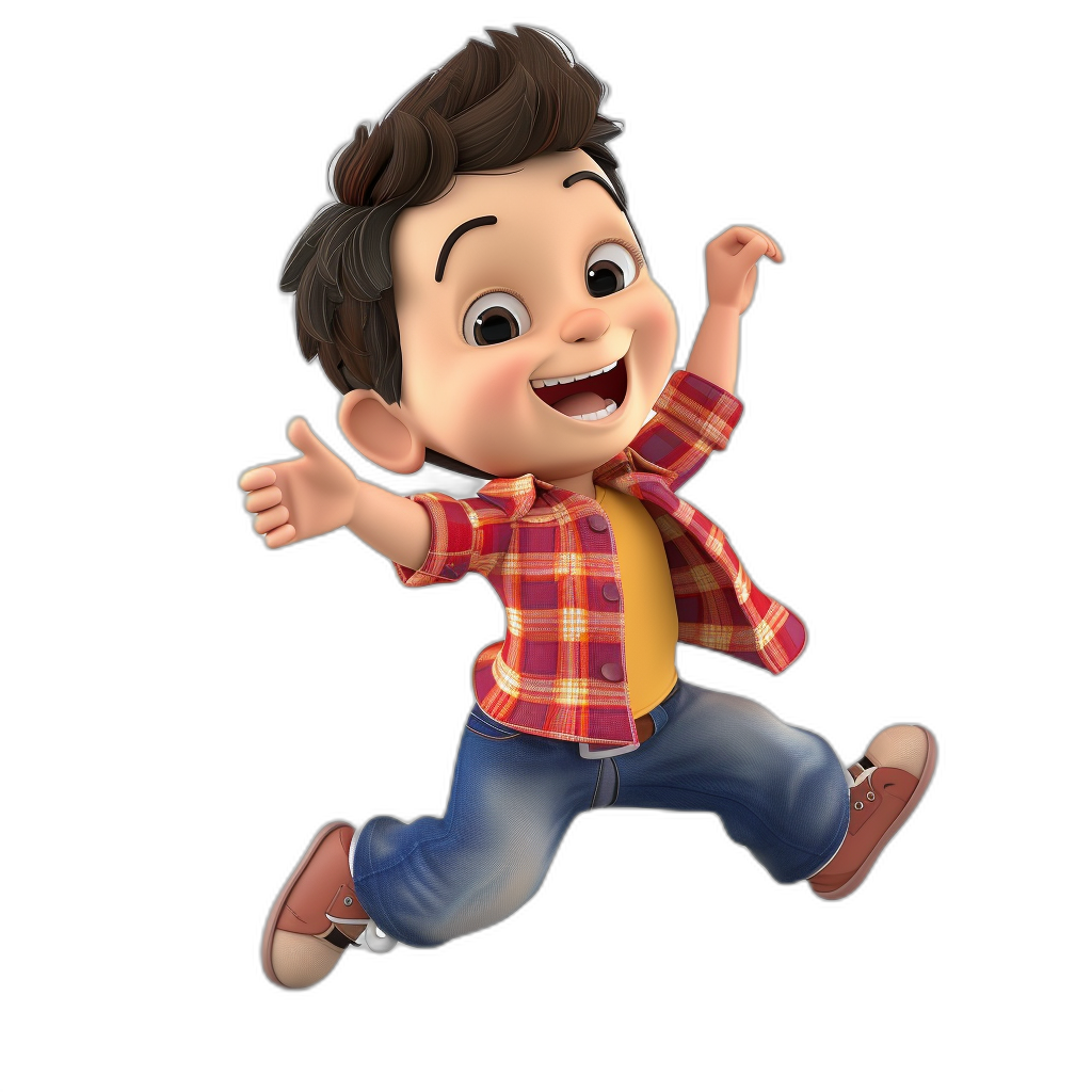 A cute boy jumping, smiling and happy expression, in the style of Disney cartoon character design, full body portrait, black background, wearing a red plaid shirt with yellow inner wears and blue jeans, brown hair, white skin tone, in the style of Pixar animation, in the style of Disney animation, 3D rendering, high resolution, high detail, high quality.