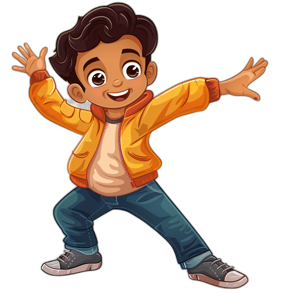 A young brown-skinned boy with dark hair, wearing jeans and an orange jacket, is dancing on a black background in the style of cartoon.