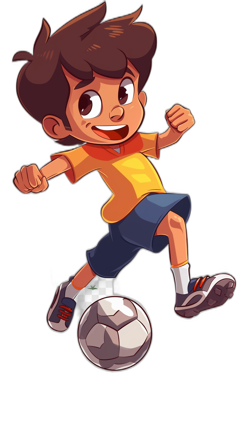 Cartoon illustrative style, full body portrait of the character with brown hair wearing blue shorts playing soccer on a black background. The boy is smiling while kicking a white football. He wears an orange t-shirt and grey shoes. His expression radiates joy as he skillfully plays in the style of his yellow shirt. Black background. Cartoon vector illustration.