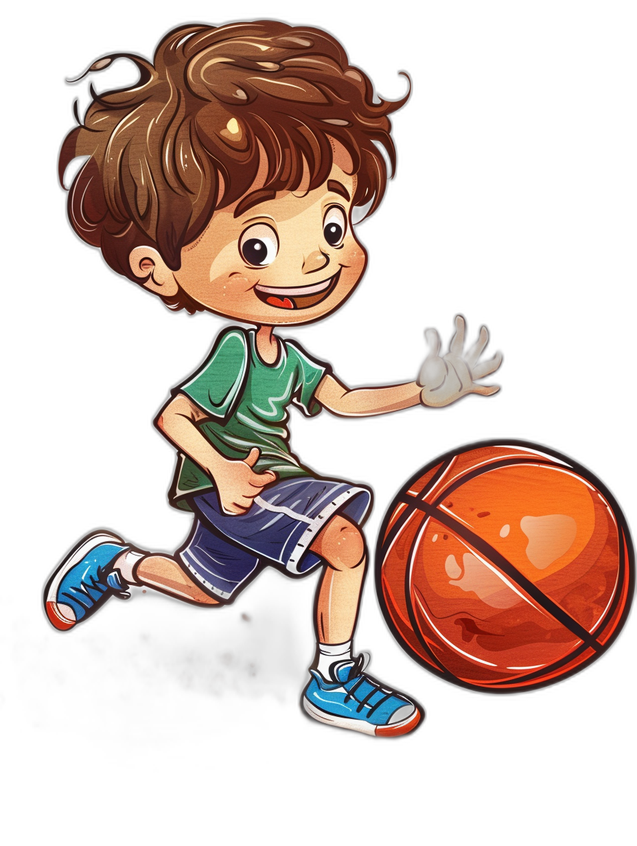 A cute cartoon boy playing basketball, simple strokes, vector graphics, colorful colors, pure black background, sticker design style, no shadow on the ground, high resolution, and detailed details. He is wearing sports shoes with blue laces, green tshirt , dark brown hair, white socks, shorts. The ball flies towards him, he raises his hand to block it from falling down in front of me. There’s an orange and red half circle around them that symbolizes something related to college football.