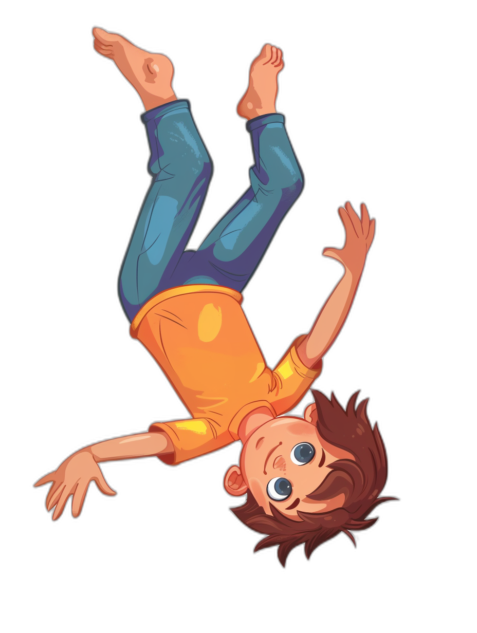 A cartoon boy is falling upside down. He has brown hair and blue eyes. His shirt has an orange color on the top against a black background in the style of a cartoon.