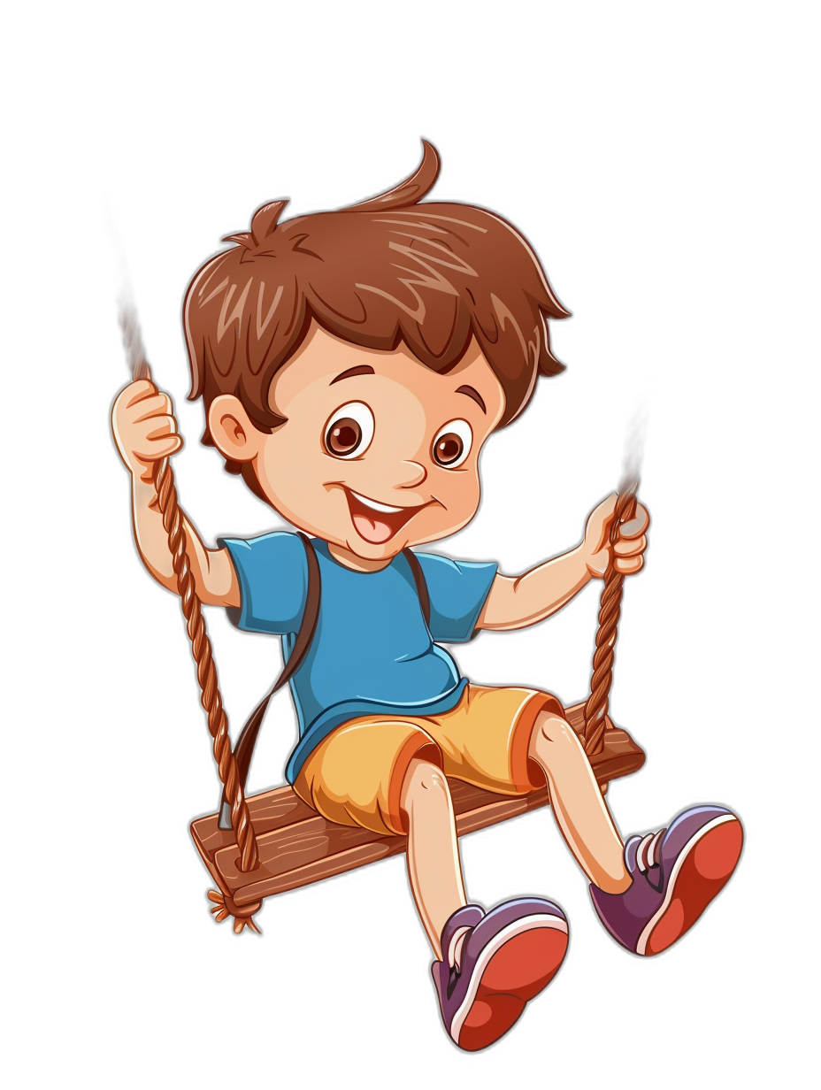 cartoon style, cute little boy with brown hair and a blue t-shirt on a wooden swing, black background, colorful, in the style of Pixar, 2D vector illustration for kids book