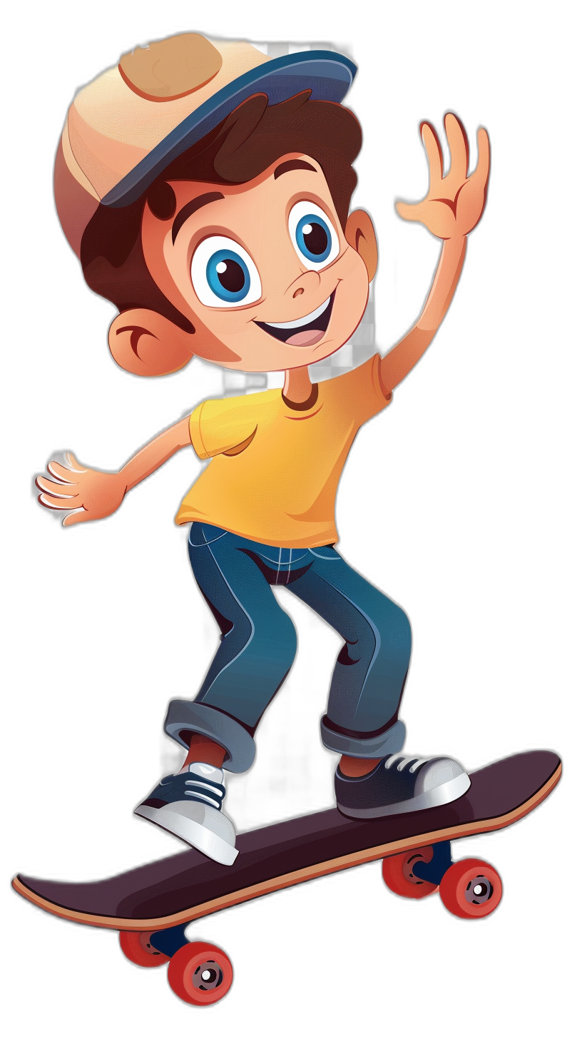 A boy with brown hair, blue eyes and dressed in jeans is riding on his skateboard while waving to the camera, in a cartoon style, 2d vector illustration, created with adobe illustrator, on a black background, with no shadows or text. The character has big expressive eyes, wearing an orange t-shirt under a white baseball cap. He’s smiling as he rides across a nice polished wooden floor. It’s a fun scene that could be from a children’s movie or animated series in the style of an animated film or show.