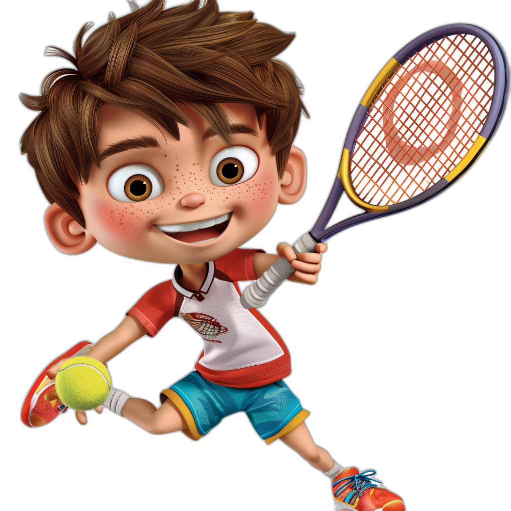 A cute boy playing tennis in a cartoon style, with colorful  – a red and white shirt with blue shorts, brown hair, against a black background, holding a racket in his right hand and a ball in his left hand, with a happy expression, in bright lighting, with cheerful movements. In the style of Pixar animation, children’s book illustration, and Disney style.