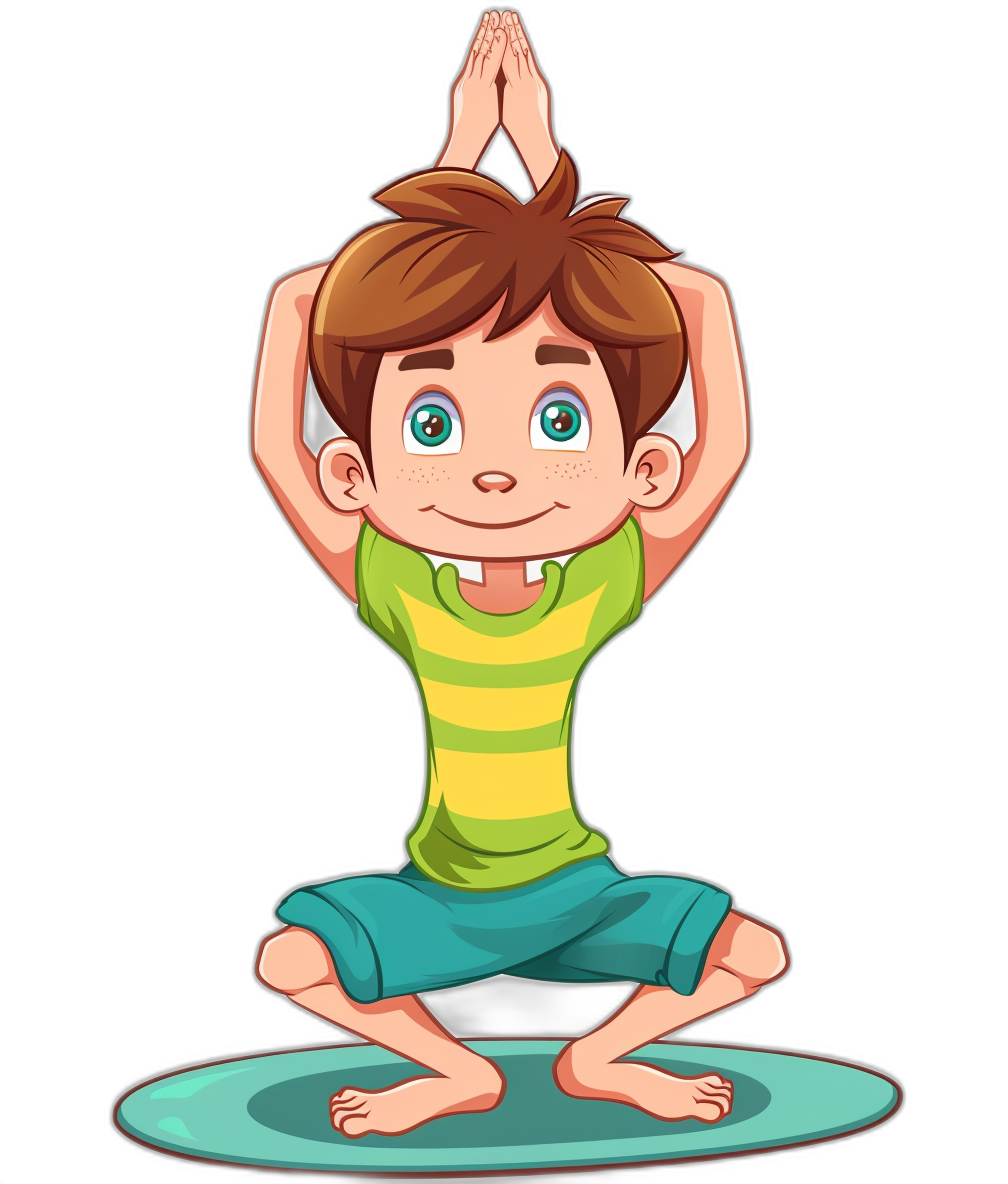 cartoon boy doing yoga in the style of clip art, in the style of isolated on black background