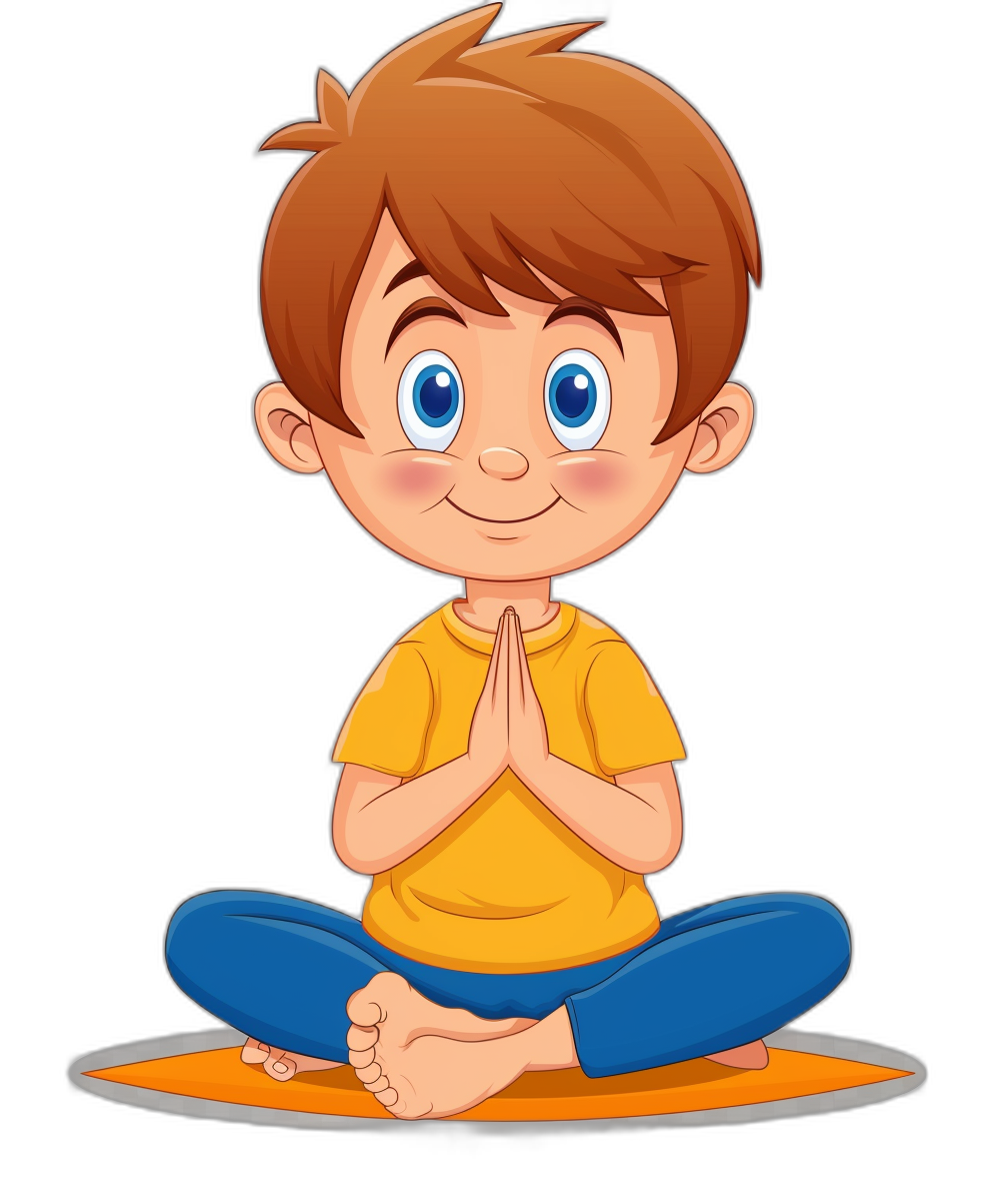 cartoon of cute boy doing yoga in the style of clip art, in the style of isolated on black background