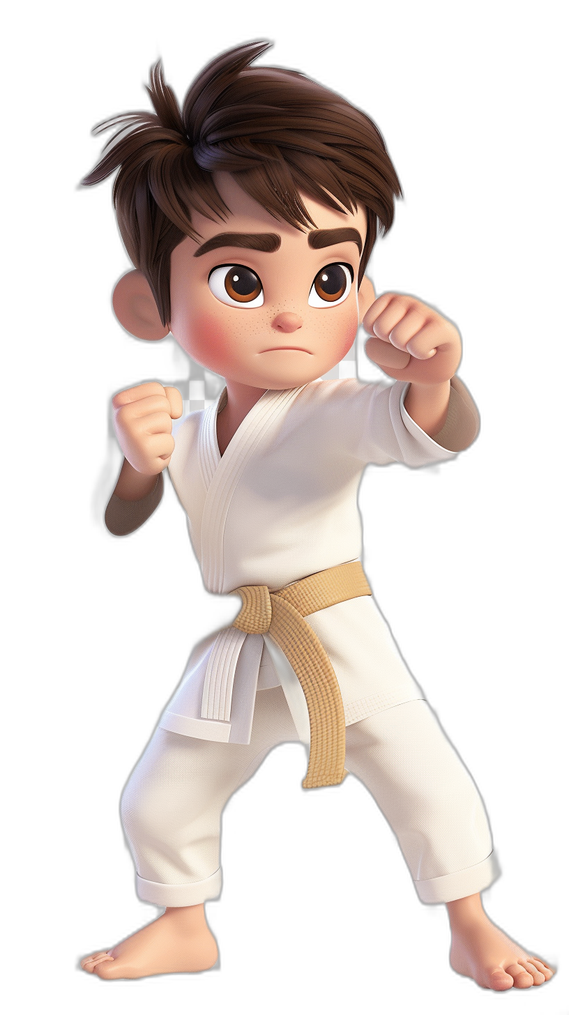 A cute little boy with brown hair in a white karate outfit, doing martial arts poses in the style of Pixar quality. Children storybook illustration with black background, full body character sheet.