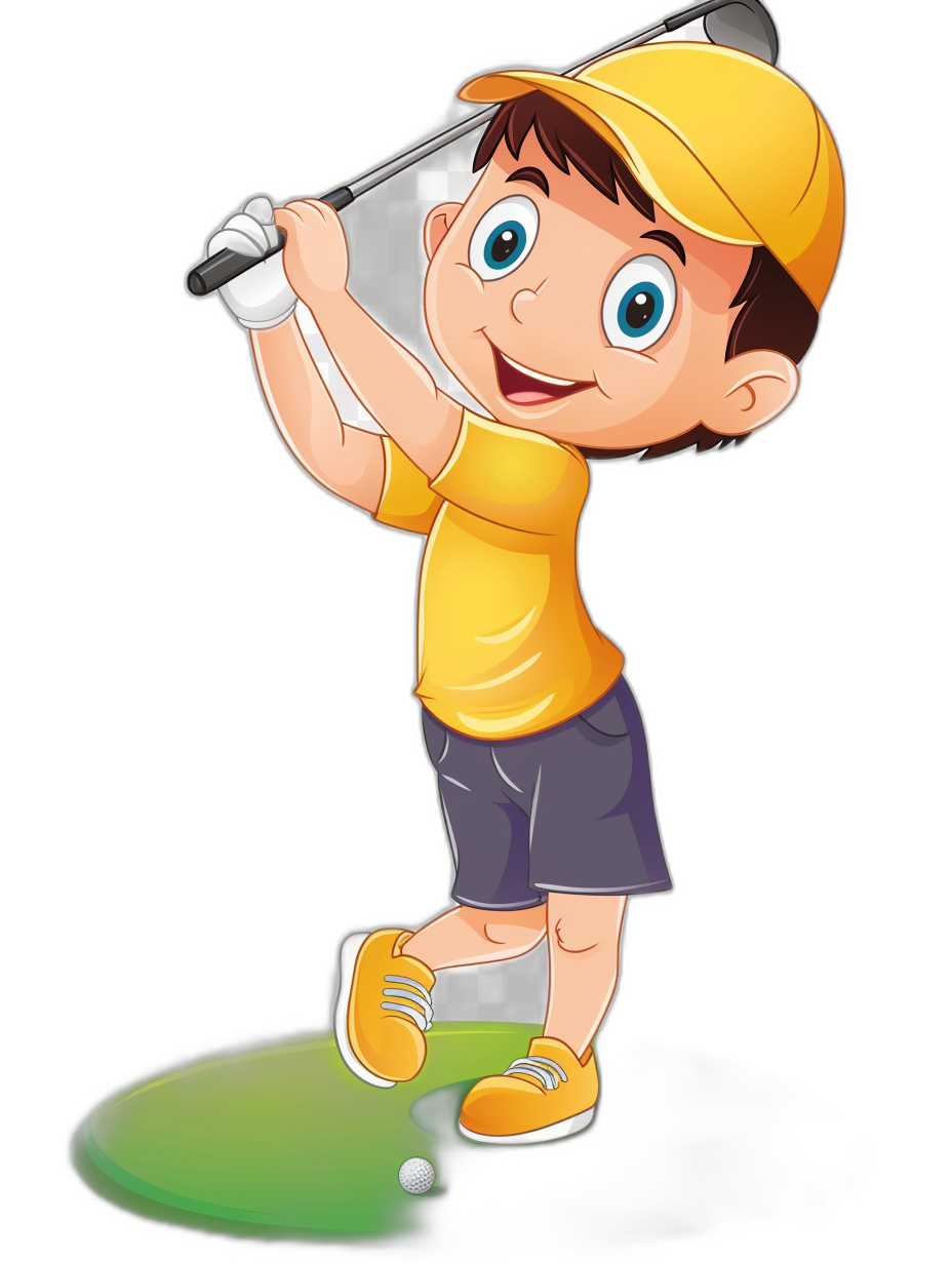 A cute cartoon boy playing golf, with a yellow t-shirt and cap, against a black background, in the style of a vector illustration, in a full body shot.