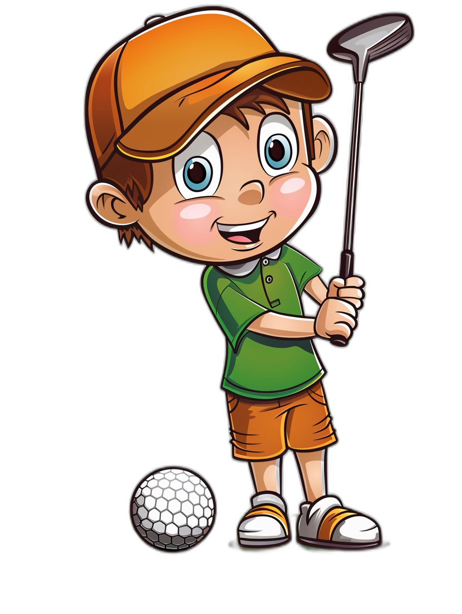 A cute cartoon vector style boy playing golf, wearing a cap and green t-shirt with orange shorts, isolated on a black background.