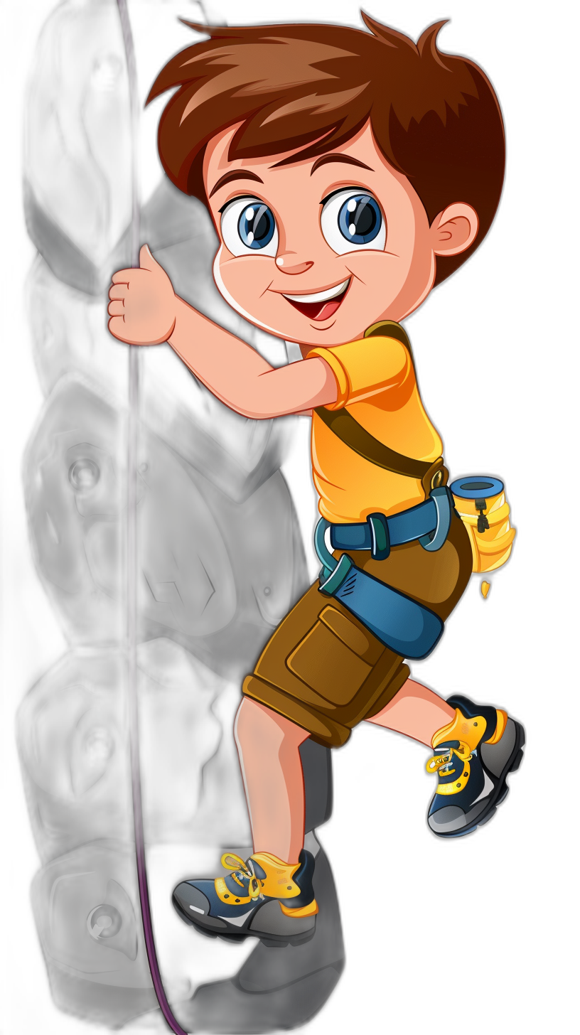 cartoon style, vector design of an adventurous boy with brown hair and blue eyes climbing rock wall in black background, wearing yellow shirt and shorts, holding safety harness on the side, bright colors, white outline, full body shot, isolated against solid dark grey background, high contrast,