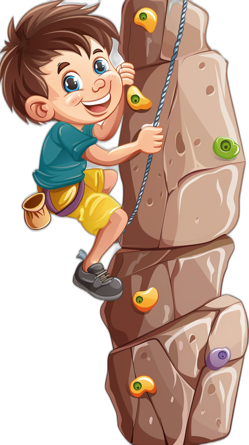 A cartoon boy climbing a rock wall with ropes in the style of clip art. This vector illustration is in a style suitable for children’s books against a black background. The illustration is high resolution, high quality and high in detail. It shows the full body portrait of the boy in full color in an adorable and cute style with adorable eyes. The character is depicted as adorable and cute.