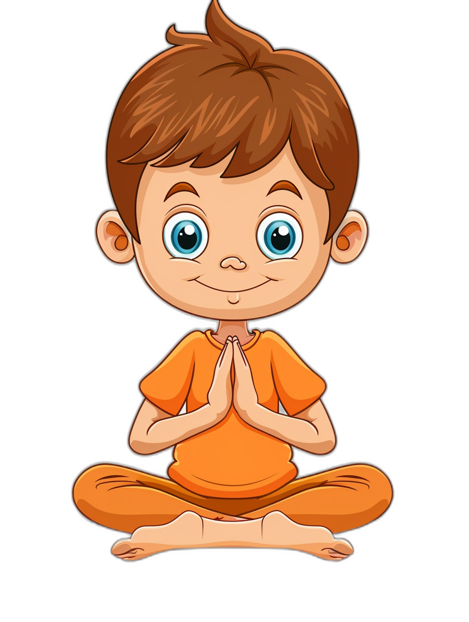 cartoon vector illustration of an adorable little boy doing yoga, isolated on black background, wearing brown shirt and orange pants, blue eyes, smiling with his hands in prayer position, cute cartoon design for kids book, high resolution