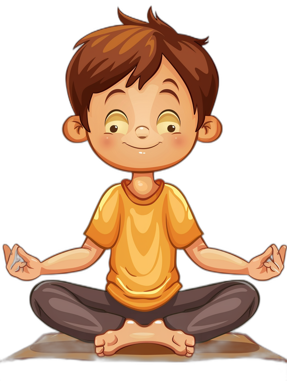 A cute cartoon boy doing yoga in a vector illustration with a black background. The illustration has a simple and minimalistic style with a full body shot of the boy in a flat color and simple design. He is sitting in a lotus position on the floor meditating with a smiling face expression. The boy has brown hair and is wearing a yellow t-shirt and brown pants with his hands spread out to his sides in a yoga pose.