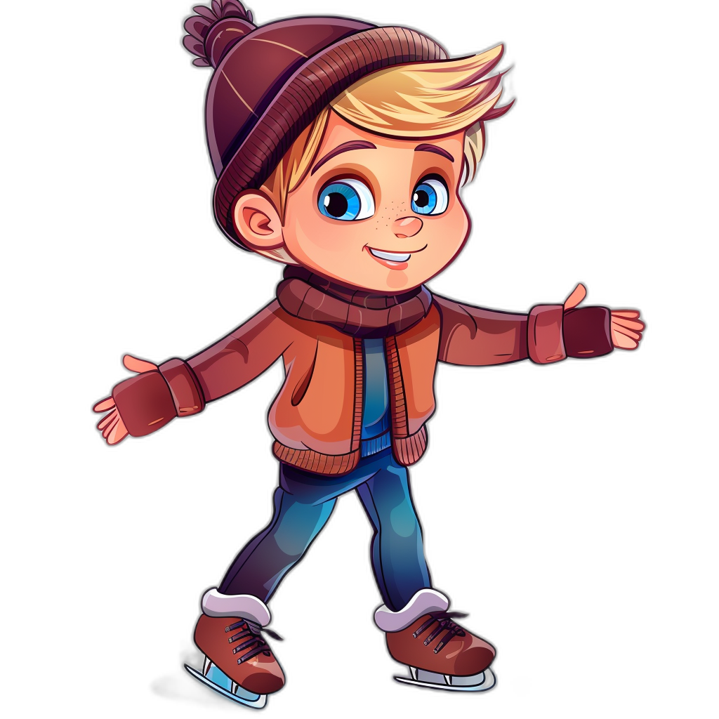 A cute cartoon boy with blonde hair, blue eyes and ice skating shoes on his feet wearing a dark brown jacket, jeans pants and beanie hat in the style of chibi characters isolated on a black background.