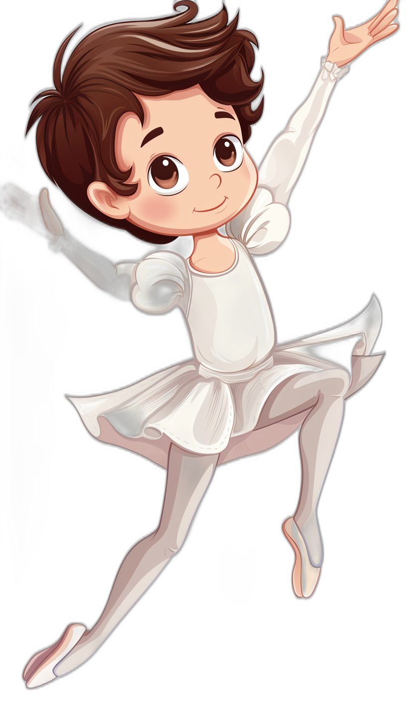 Chibi illustration of a brown haired ballerina in a white costume, full body shot, flying through the air on a black background, cartoon style, digital art in the style of Pixar and Disney.