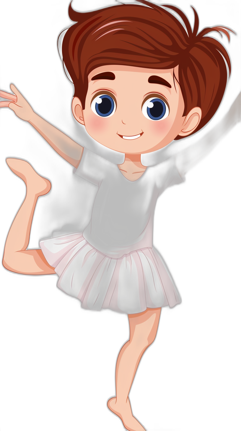 Cute cartoon illustration of a baby girl ballerina with short brown hair and blue eyes, wearing a white tutu skirt on a black background, dancing in an air pose in the style of Disney, cartoon art style, clipart isolated on a pure solid black background.